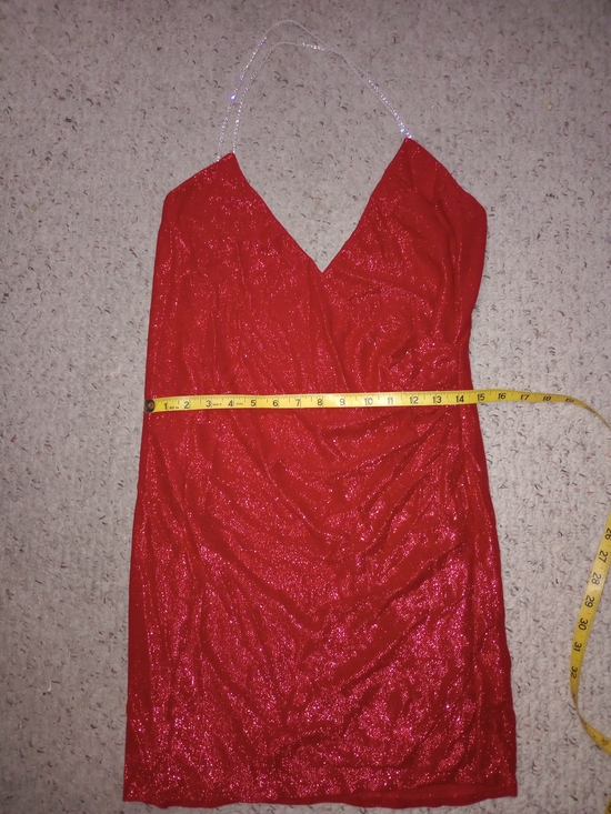 Michelle Mason Dresses & Skirts - Red Sparkle Halter Mini Dress with V-Neck